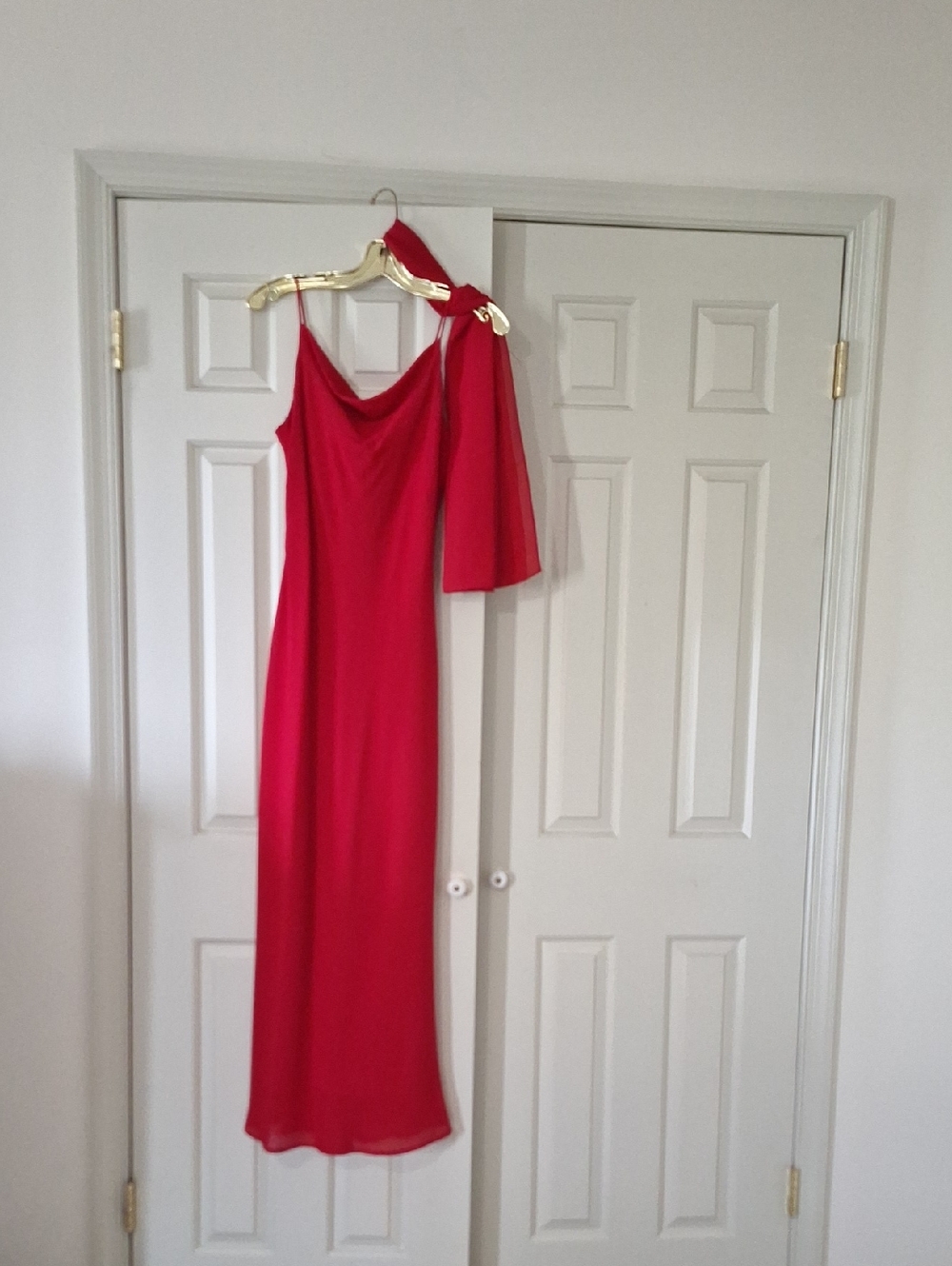 Red Slip Dress with Draped Neckline